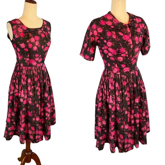 Vintage 1950's Two Piece L'aiglon Dress Jacket Pink Floral Roses Size 8 - Picture 2 of 7